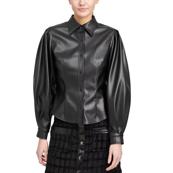 En Saison Rylee Faux Vegan Leather Button Front Long Sleeve Shirt Small S NEW - Picture 1 of 10